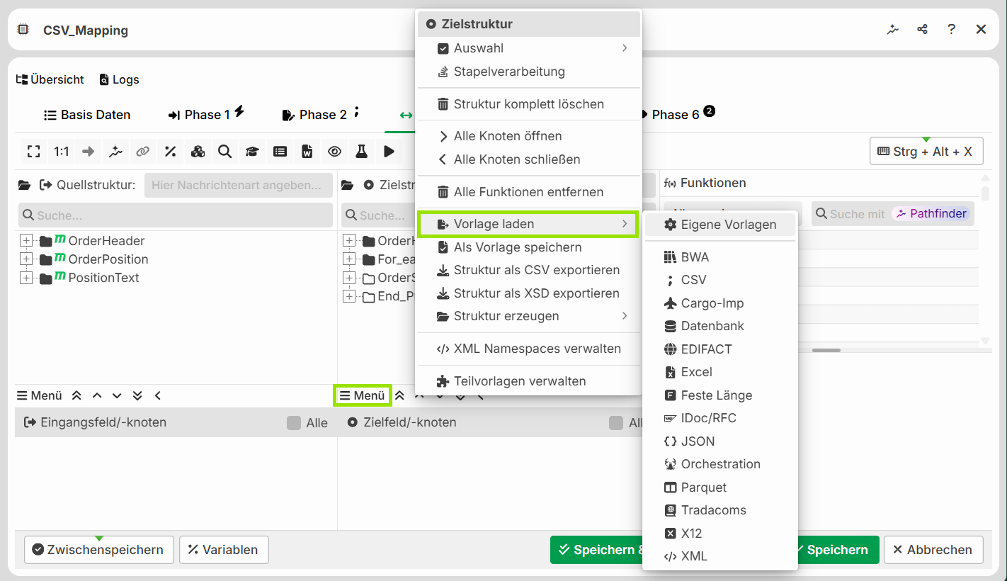 Menu options for loading templates in CSV mapping interface with various data structures.